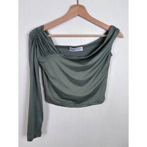 Bershka Olive Green One Shoulder Long Sleeve‎ Ruched Crop Top Size Medium
